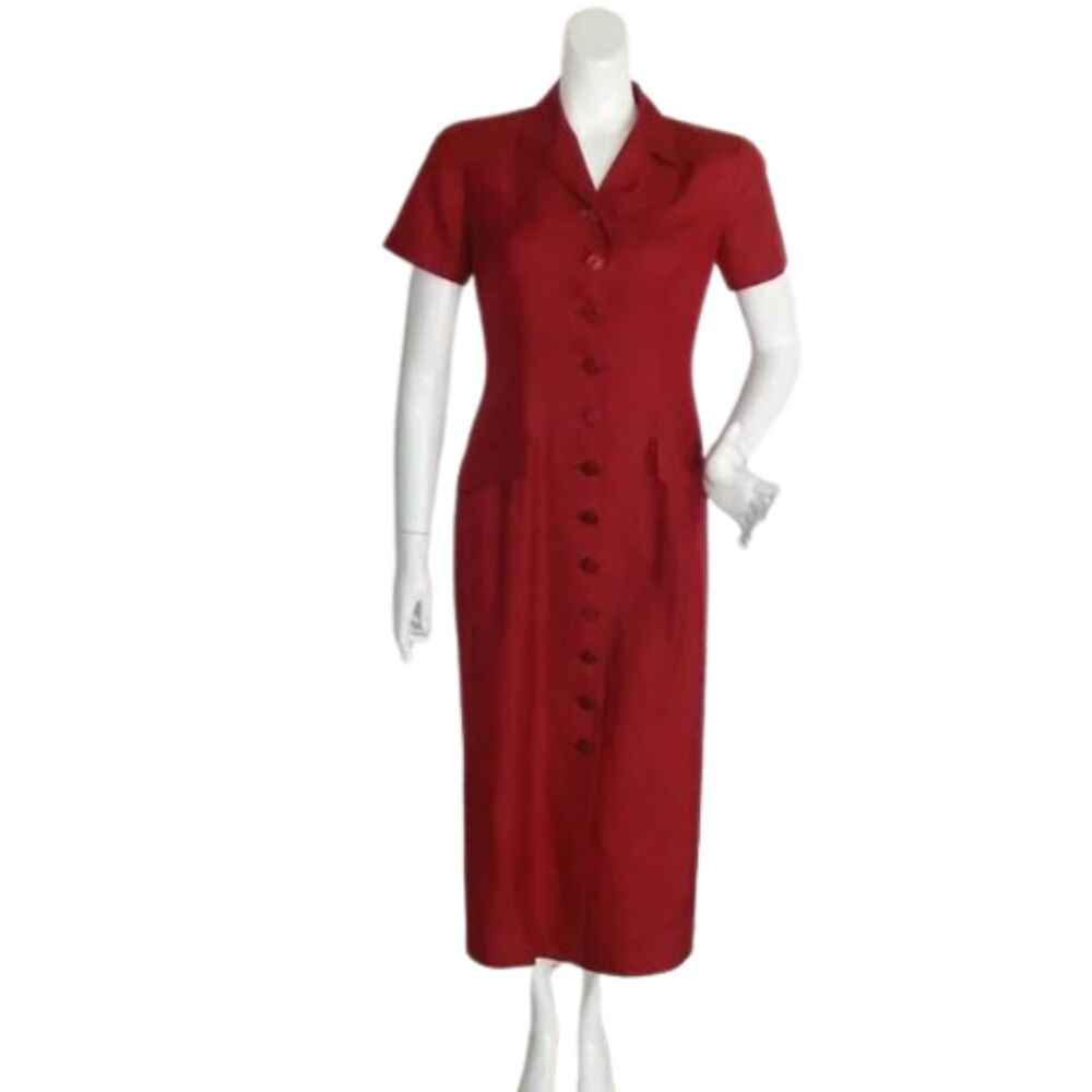 SPENCER JEREMY Midi Dress, 6, Red Silk, Button front, Back Tie,